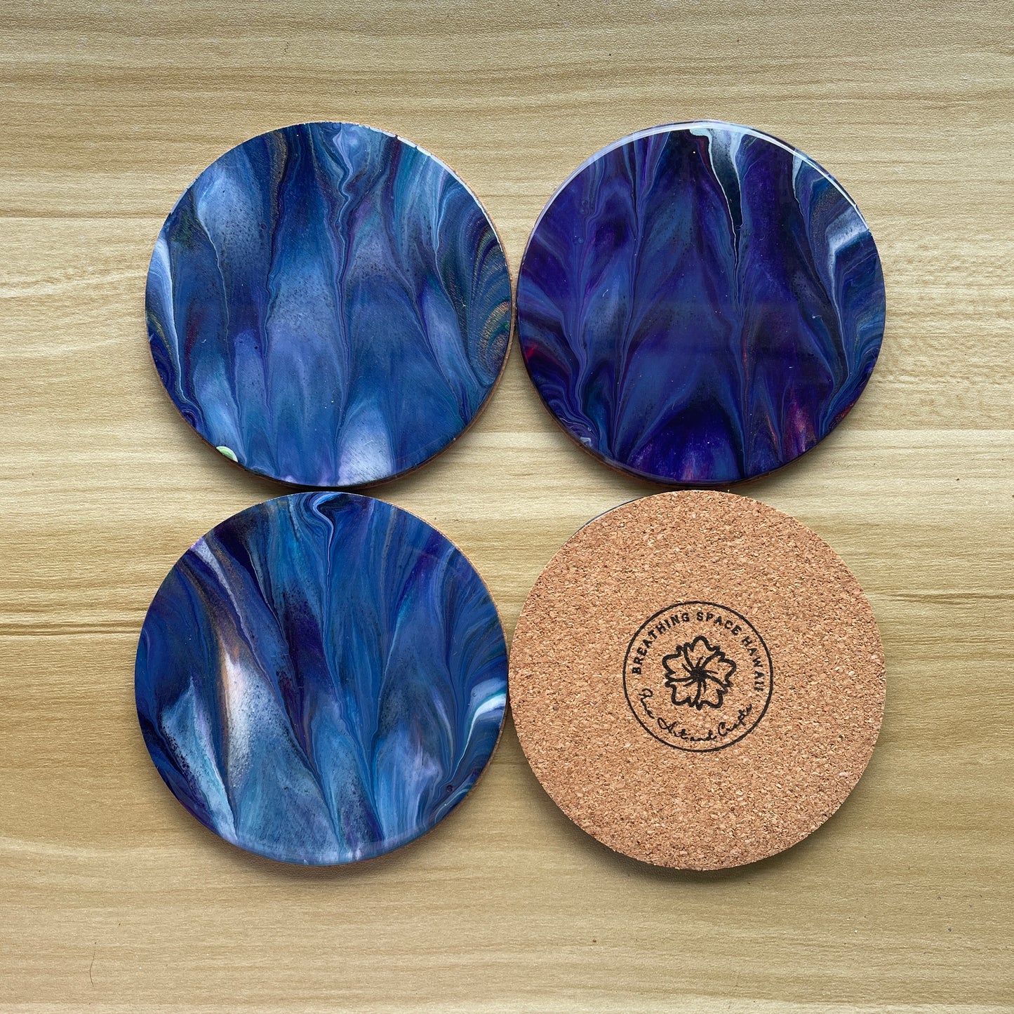Navy Blue Round Wood Coaster Set