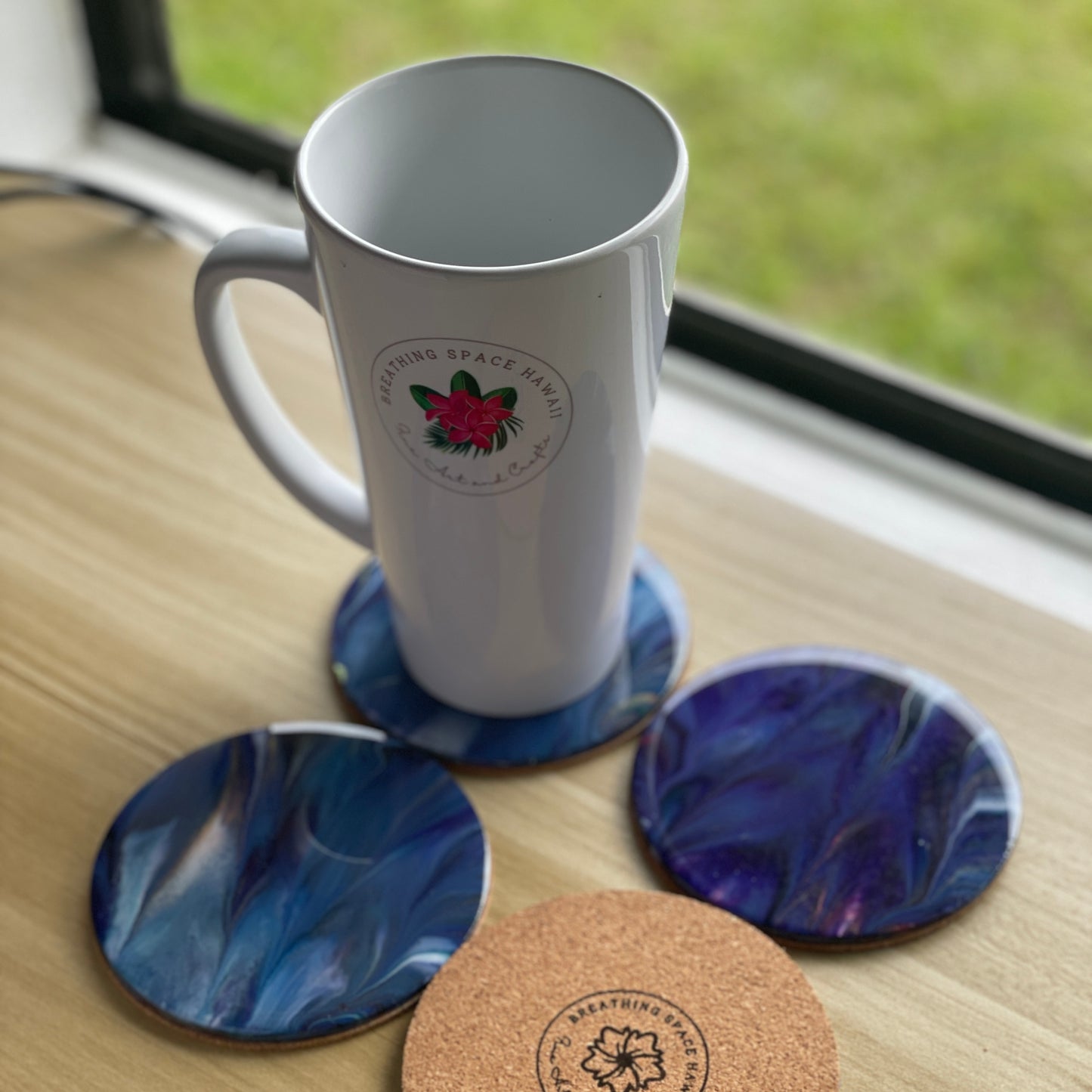 Navy Blue Round Wood Coaster Set