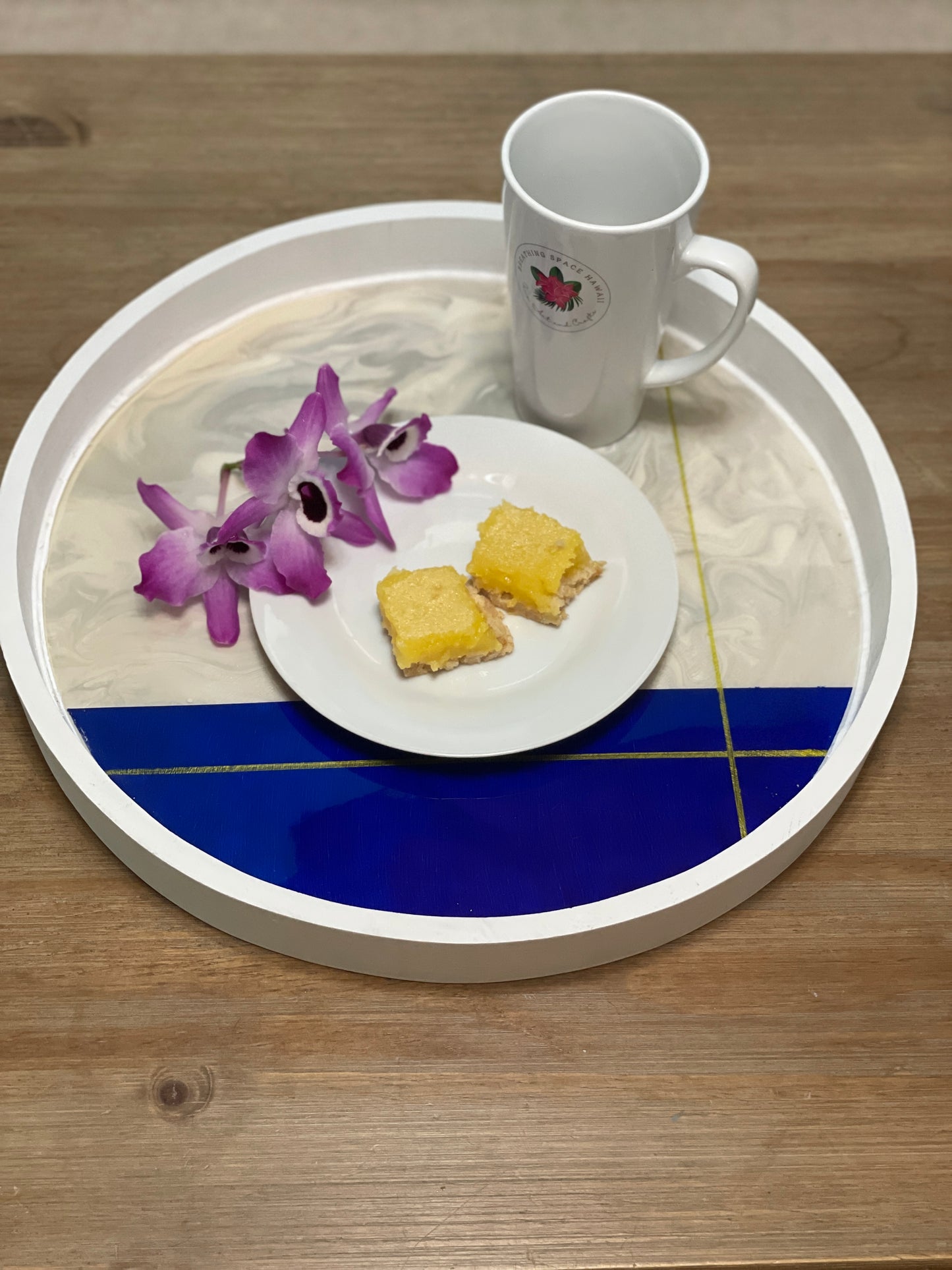 Hand-Painted Marbled Tray with Blue and Gold Accent